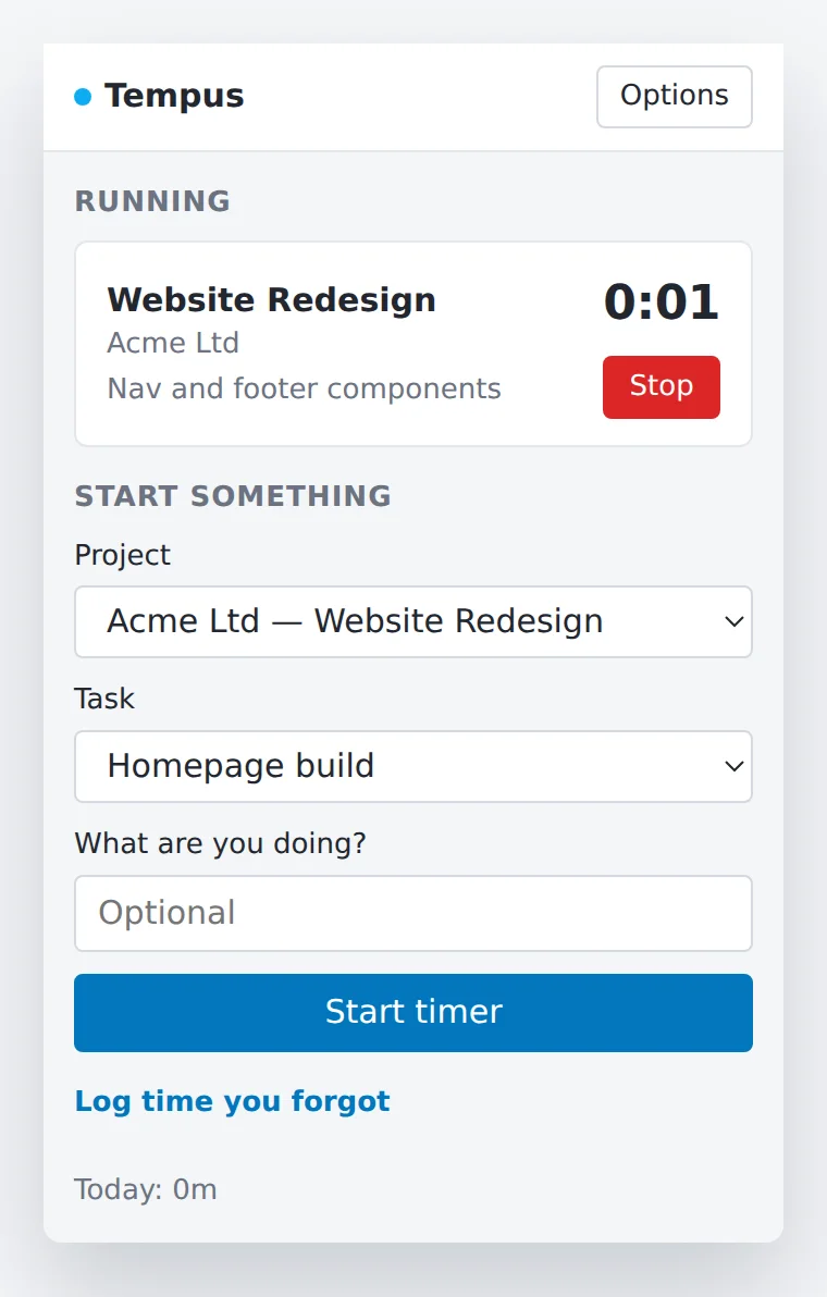 The Tempus Timer Chrome extension popup with a running timer