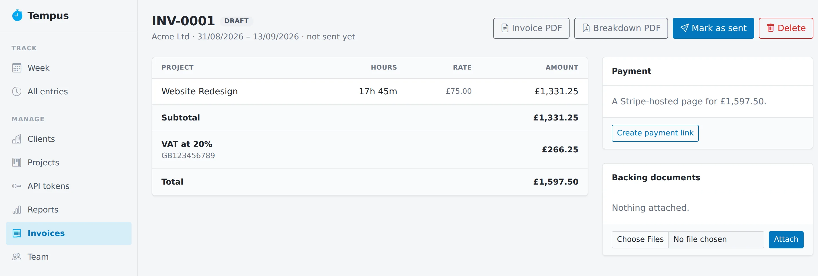 A draft invoice built from tracked time, with a Stripe payment link and backing documents