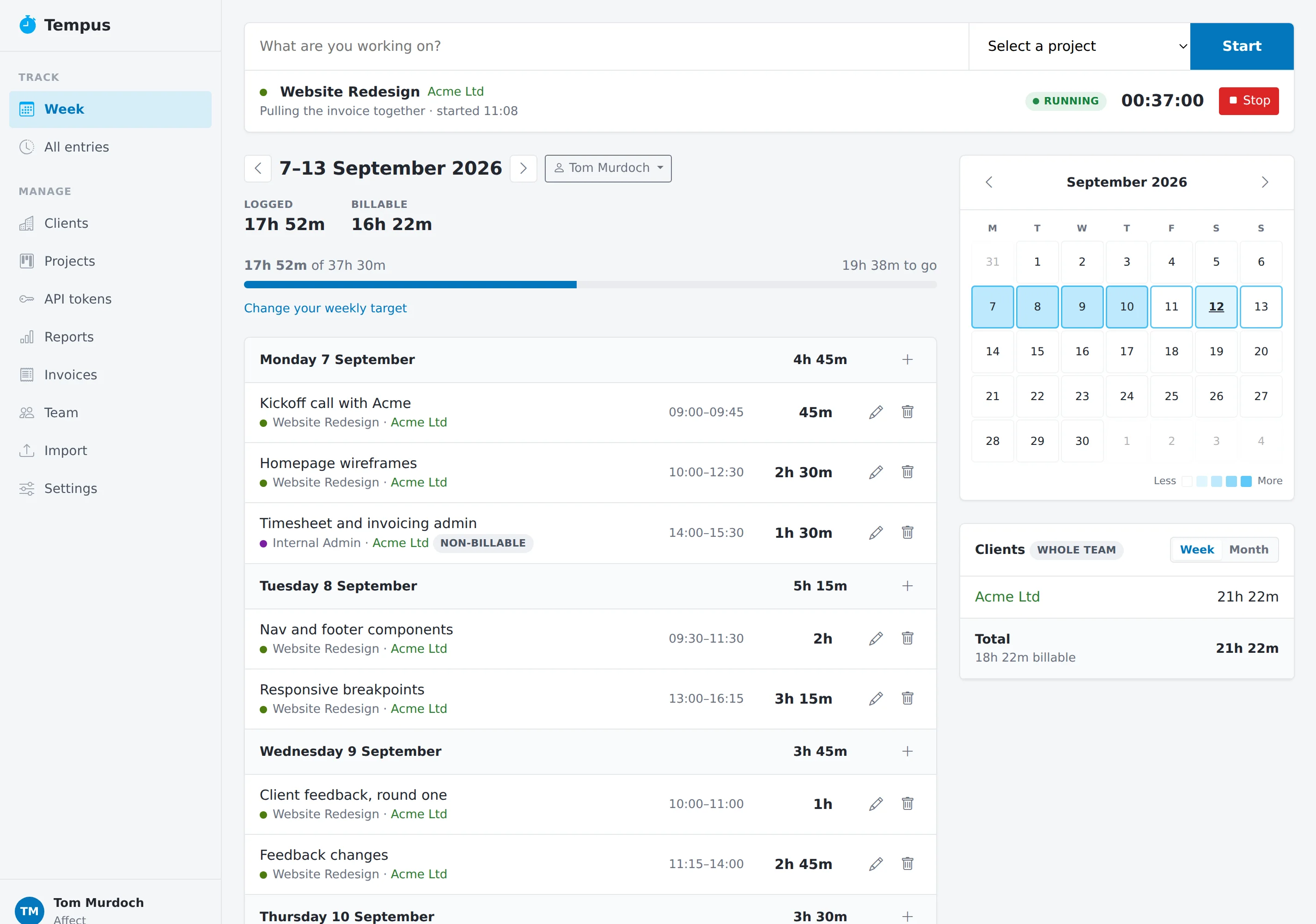The week view: a running timer, the week's entries by day, a calendar and the client totals